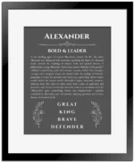 Alexander custom name art showing meaning and origin in gray with black matte frame