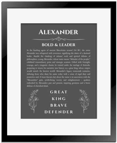 Alexander custom name art showing meaning and origin in gray with black matte frame