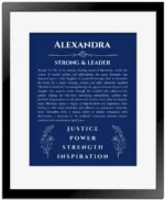 Alexandra name origin print with meaning and traits in deep blue with black matte frame