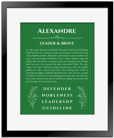 Alexandre personalized name art with origin story in dark green with black matte frame