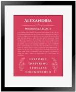 Alexandria name origin print with meaning and traits in red with black matte frame