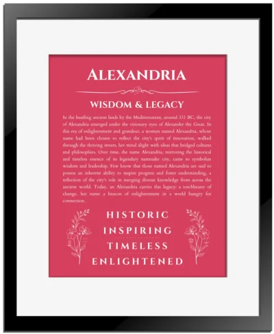 Alexandria name origin print with meaning and traits in red with black matte frame