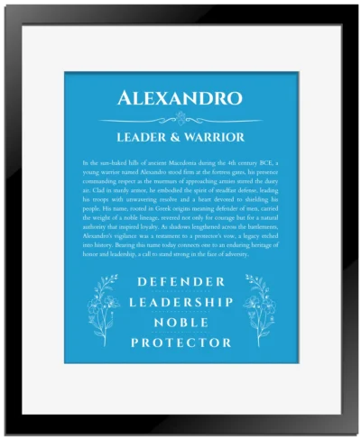 Alexandro custom name art showing meaning and origin in blue with black matte frame