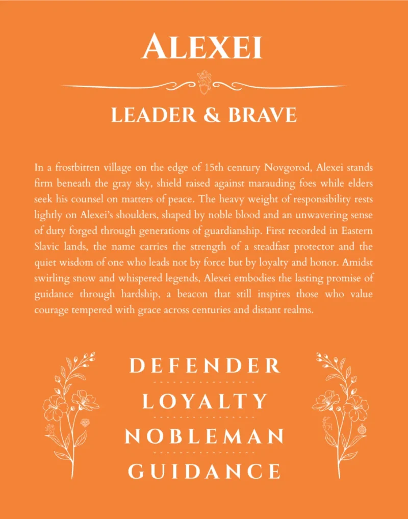 Alexei personalized name print with origin and traits in orange