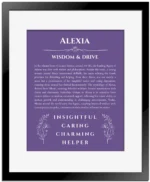 Alexia name meaning wall art by Get Your Story in purple with black matte frame