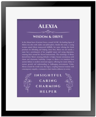 Alexia name meaning wall art by Get Your Story in purple with black matte frame