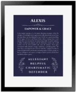 Alexis name meaning wall art by Get Your Story in navy blue with black matte frame