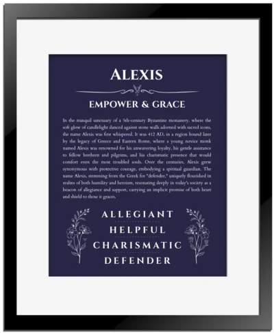 Alexis name meaning wall art by Get Your Story in navy blue with black matte frame