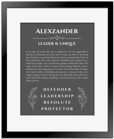 Alexzander personalized name art with origin story in gray with black matte frame