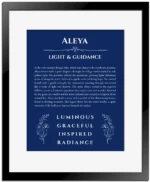 Aleya personalized name art with origin story in deep blue with black matte frame
