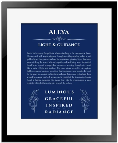 Aleya personalized name art with origin story in deep blue with black matte frame