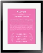 Aleyda personalized name art with origin story in pink with black matte frame