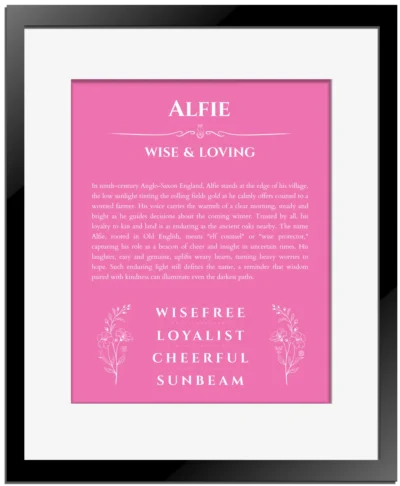 Alfie custom name print for wall display in pink with black matte frame