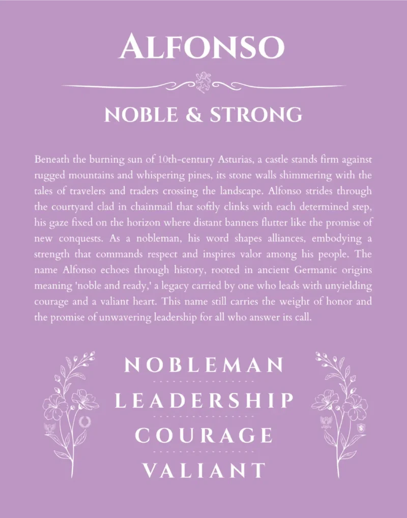 Alfonso name origin print with meaning and traits in light purple