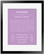 Alfonso name origin print with meaning and traits in light purple with black matte frame