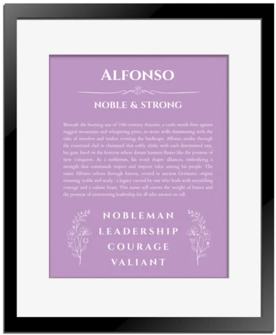 Alfonso name origin print with meaning and traits in light purple with black matte frame