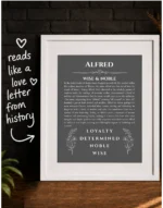 Alfred name origin print with meaning and traits presented as a meaningful gift