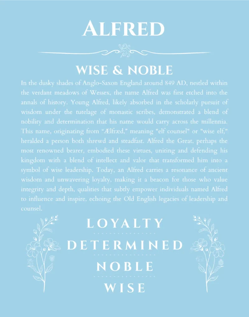 Alfred name origin print with meaning and traits in light blue