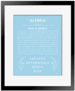 Alfred name origin print with meaning and traits in light blue with black matte frame