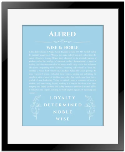 Alfred name origin print with meaning and traits in light blue with black matte frame