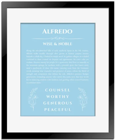 Alfredo custom name print for wall display in light blue with black matte frame