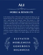 Ali name origin print with meaning and traits in deep blue