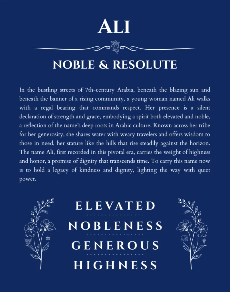 Ali name origin print with meaning and traits in deep blue