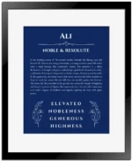 Ali name origin print with meaning and traits in deep blue with black matte frame