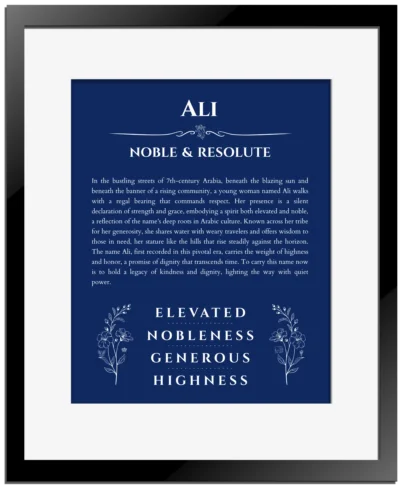 Ali name origin print with meaning and traits in deep blue with black matte frame