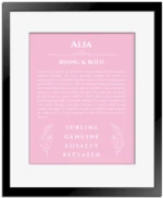 Alia custom name meaning print in light pink with black matte frame
