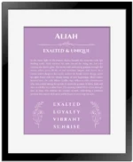 Aliah personalized wall art with the story of your name in light purple with black matte frame
