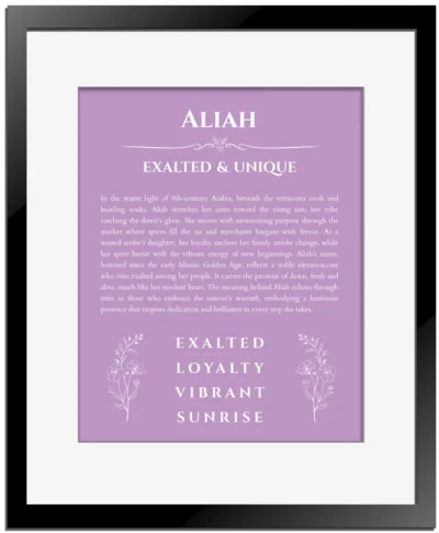 Aliah personalized wall art with the story of your name in light purple with black matte frame