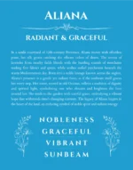 Aliana custom name art showing meaning and origin in blue