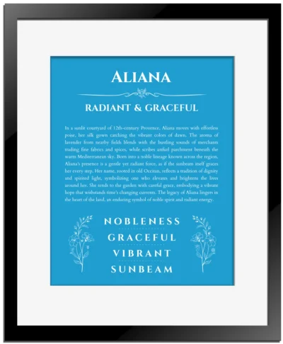 Aliana custom name art showing meaning and origin in blue with black matte frame