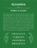 Alianna personalized name art with origin story in dark green