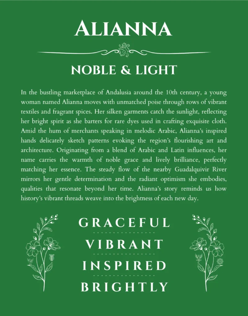 Alianna personalized name art with origin story in dark green