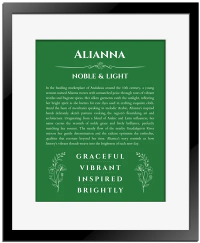 Alianna personalized name art with origin story in dark green with black matte frame