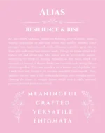Alias name origin print with meaning and traits in light pink