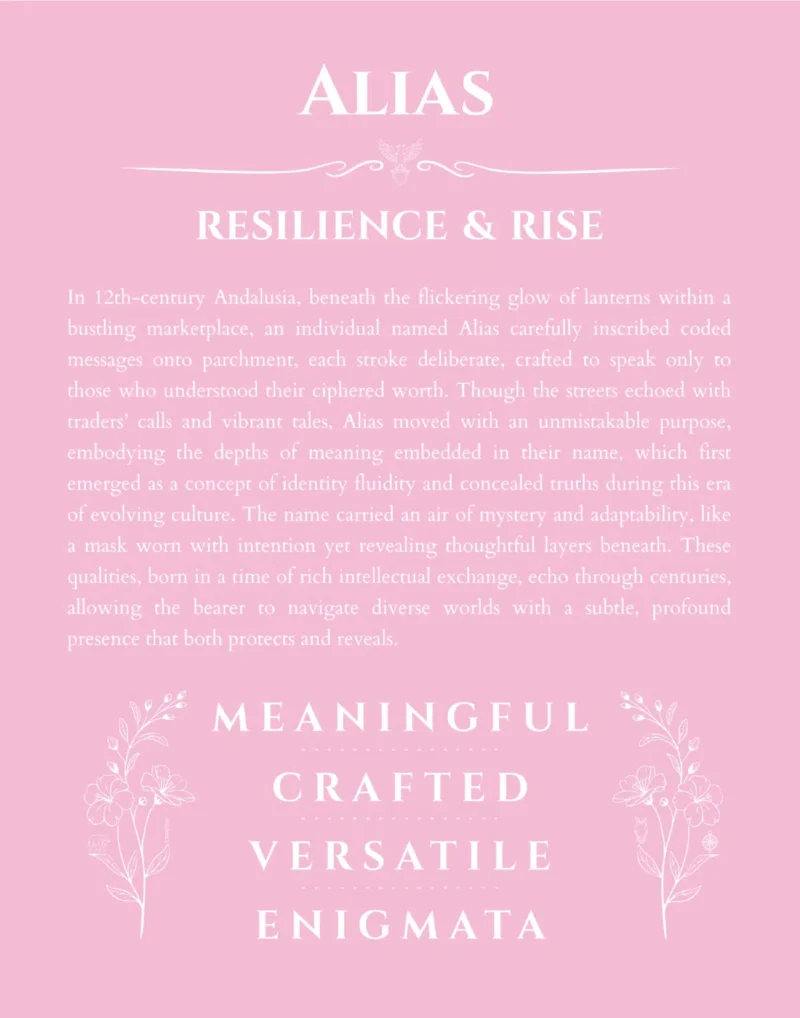 Alias name origin print with meaning and traits in light pink