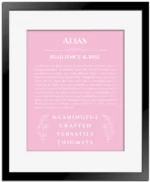 Alias name origin print with meaning and traits in light pink with black matte frame