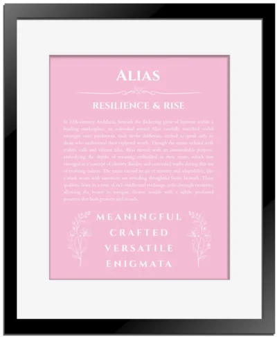 Alias name origin print with meaning and traits in light pink with black matte frame