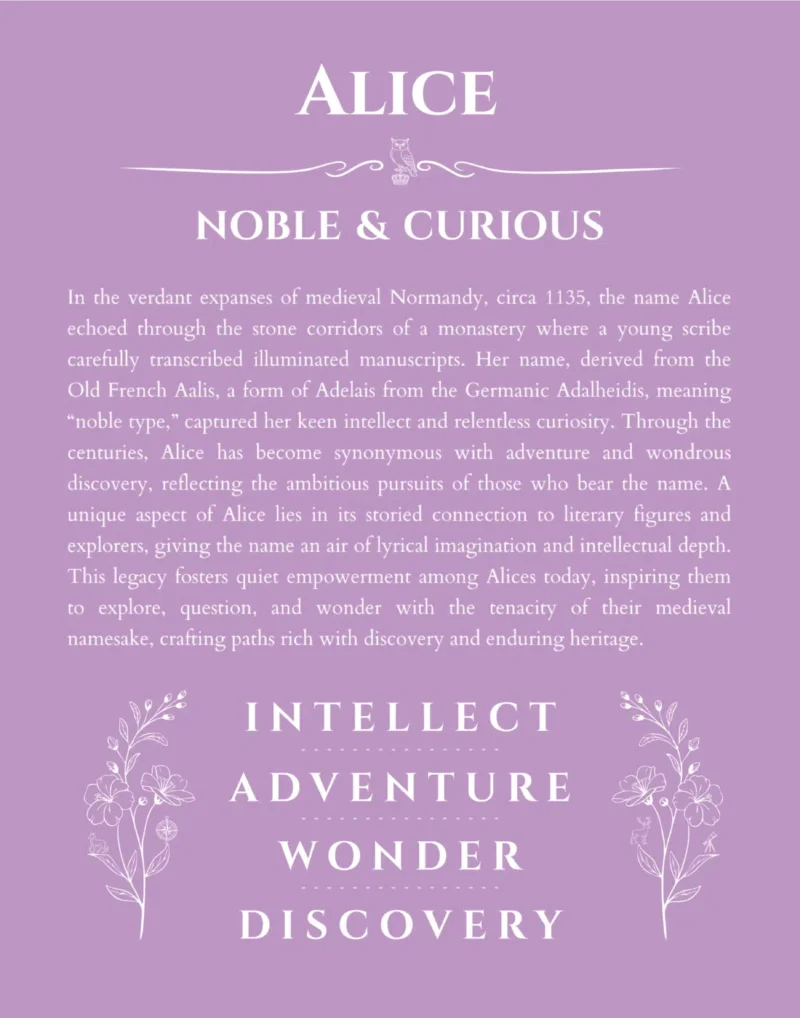Alice custom name art showing meaning and origin in light purple