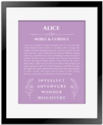 Alice custom name art showing meaning and origin in light purple with black matte frame