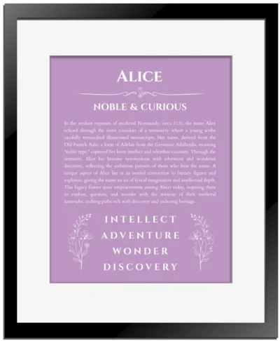 Alice custom name art showing meaning and origin in light purple with black matte frame
