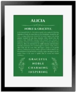 Alicia name meaning gift print in dark green with black matte frame