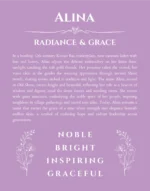 Alina name origin print with meaning and traits in light purple