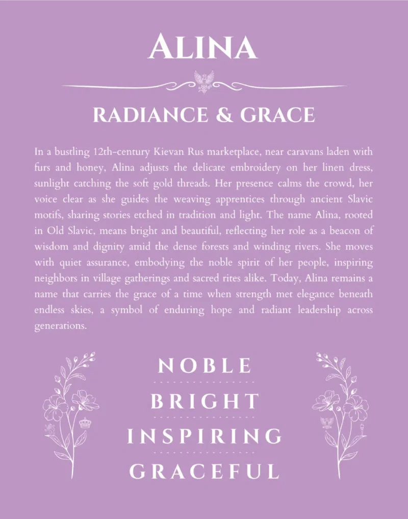 Alina name origin print with meaning and traits in light purple