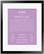 Alina name origin print with meaning and traits in light purple with black matte frame