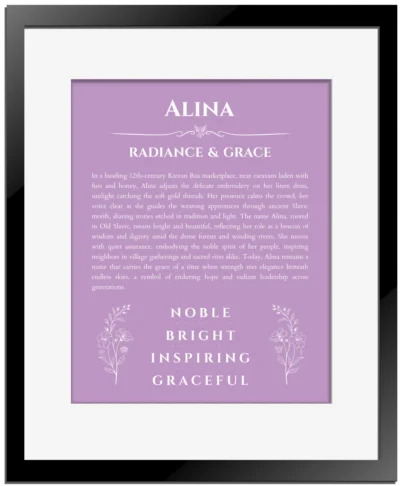 Alina name origin print with meaning and traits in light purple with black matte frame