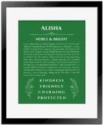 Alisha personalized wall art with the story of your name in dark green with black matte frame